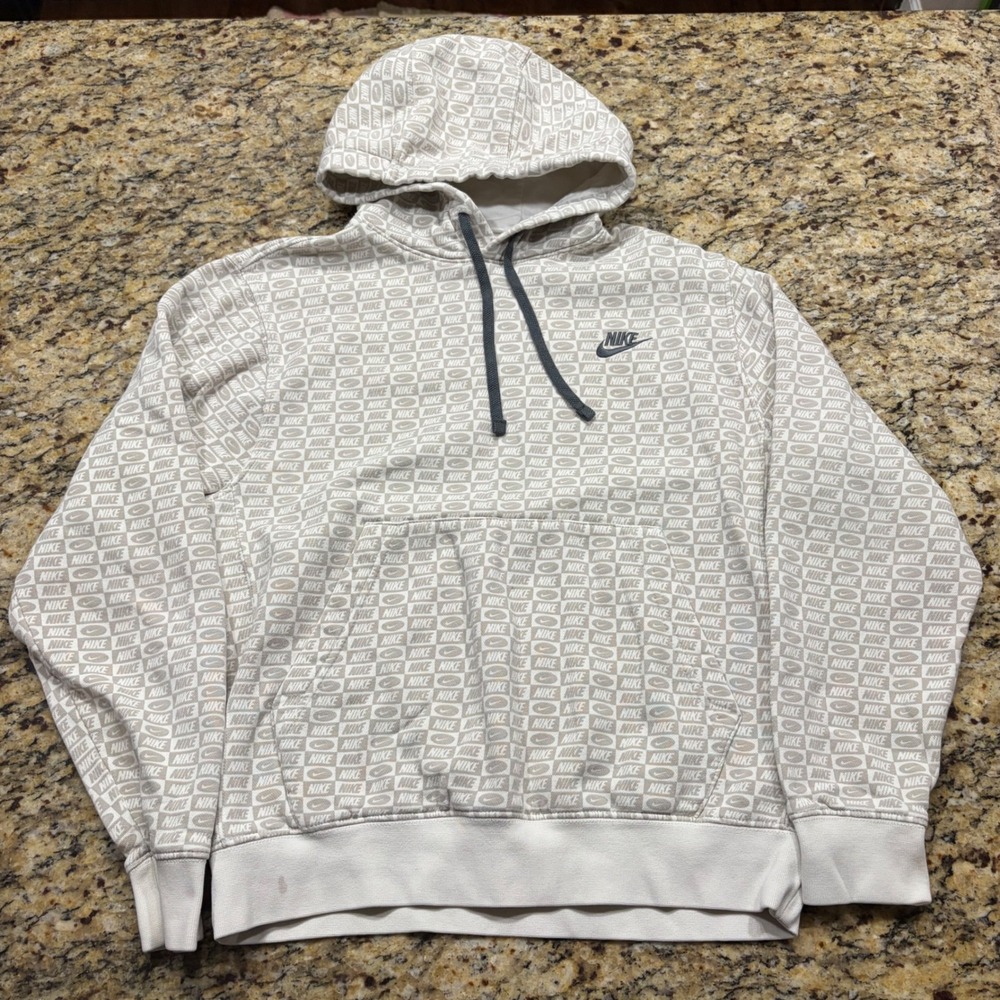 Nike Mens All Over Print Logo Hoodie Tan Cream Pullover Sweatshirt Small